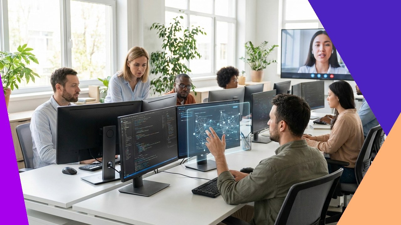 Diverse IT staff collaborate, one uses AI tech on holographic screen. AI reduces nearshore IT staff augmentation costs.