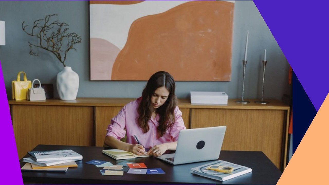 Woman working at desk improves remote work productivity.