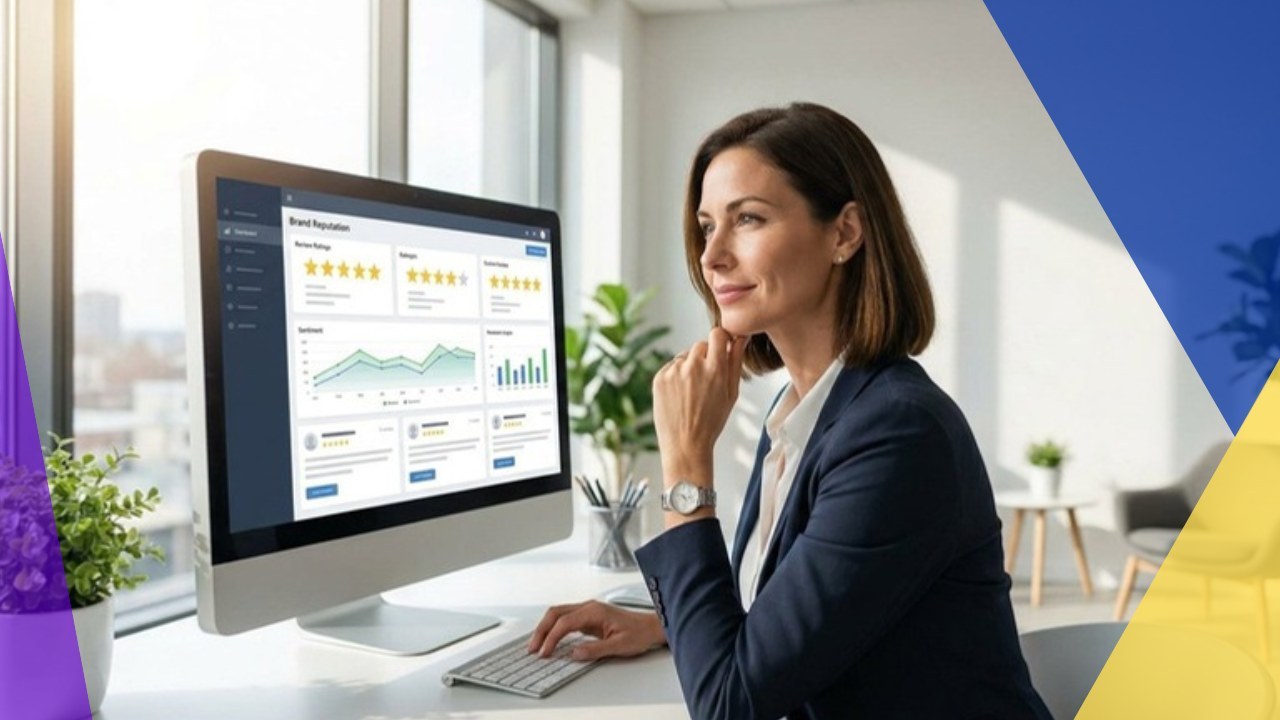 Woman reviewing brand reputation software dashboard on computer, elevating business.