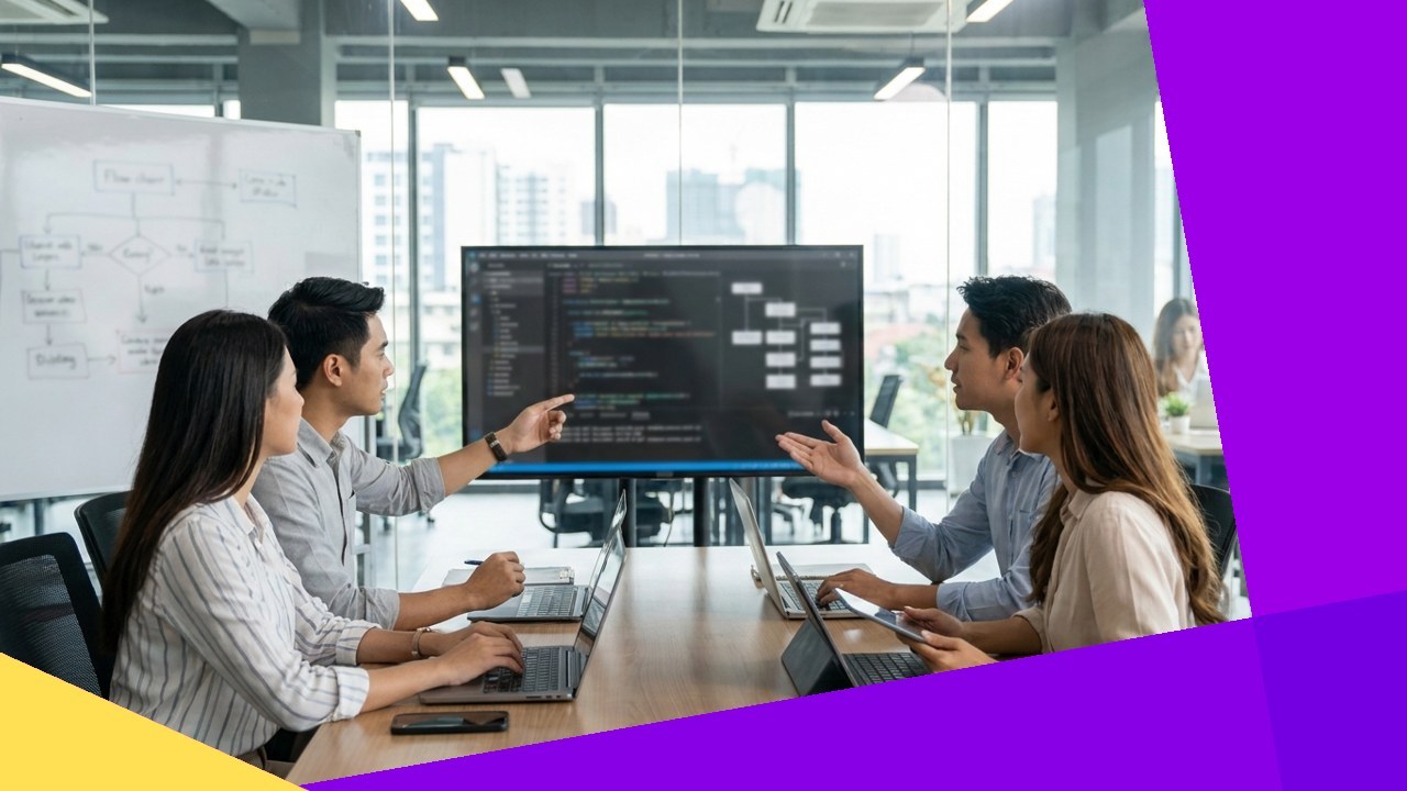 Developers discuss code and flowcharts on a screen to optimize software development workflow.