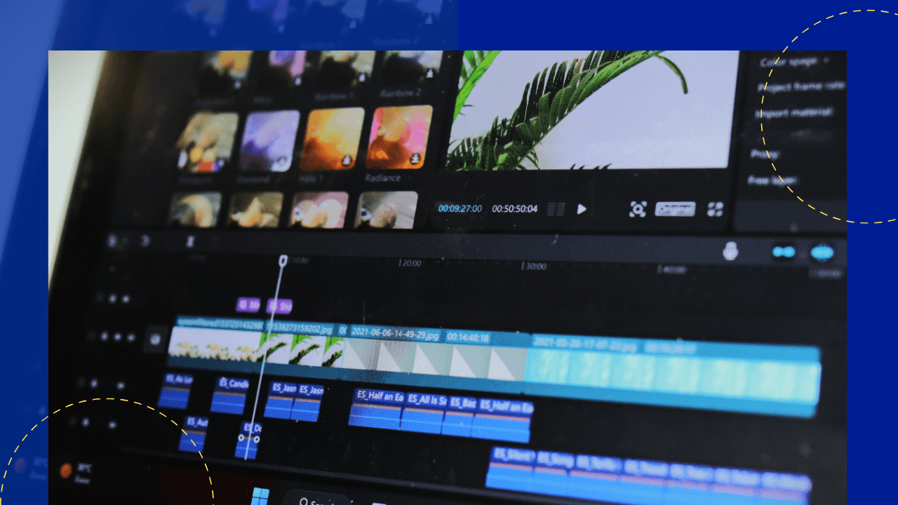 Close-up of a video editing app on a screen with a clip timeline, colour filter thumbnails and a palm-leaf preview.