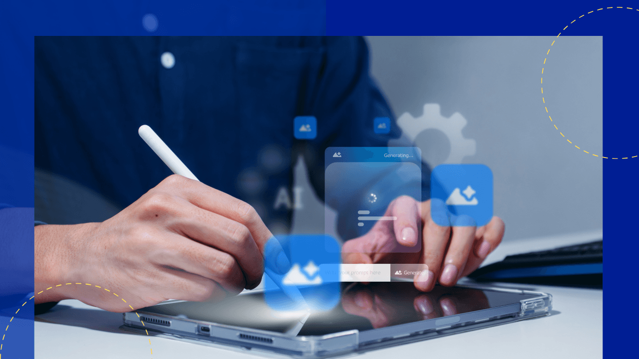 Hand holding a stylus over a tablet while floating image icons and a Generating progress panel hover above, blue tones.