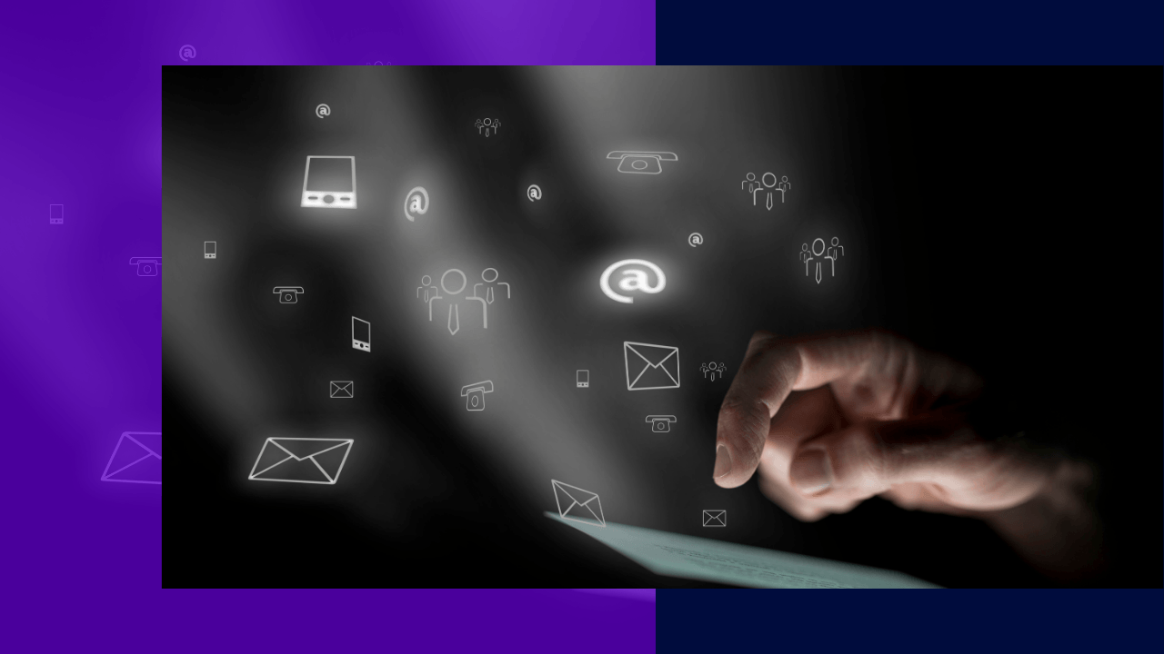 Finger touching a tablet as glowing email, phone, at-sign and people icons float upward against a dark background.
