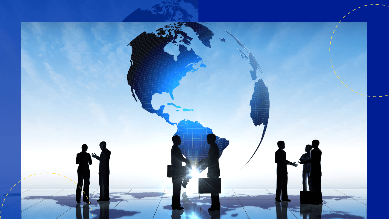 Silhouettes of business people shaking hands and talking on a reflective floor beneath a large blue globe in the sky.