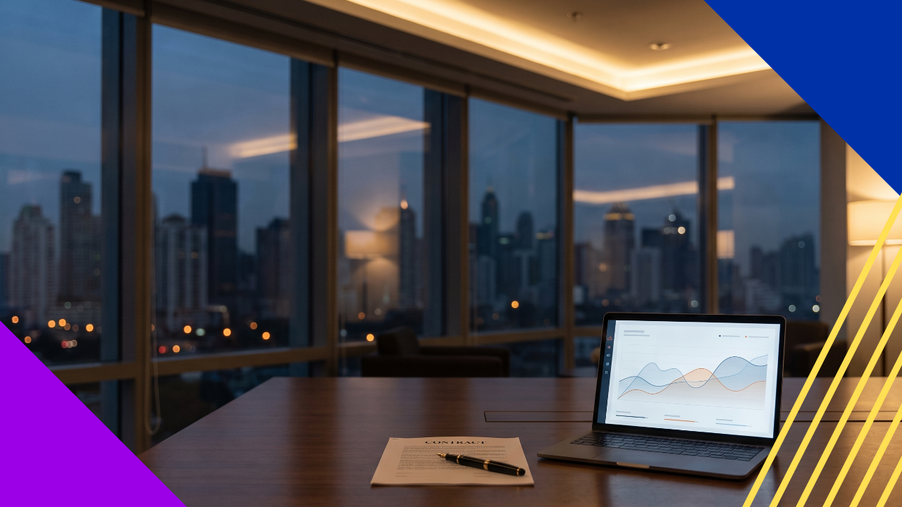 A modern executive boardroom at dusk with a printed contract, fountain pen, and laptop showing a line chart on a wooden desk, city skyline through the windows