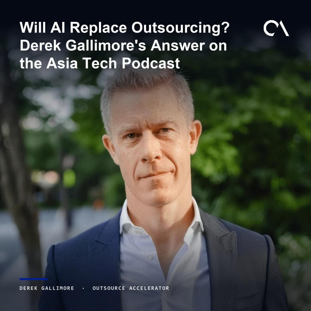 Portrait of Derek Gallimore in a navy blazer against blurred green trees, text overlay reads Will AI Replace Outsourcing on Asia Tech Podcast.