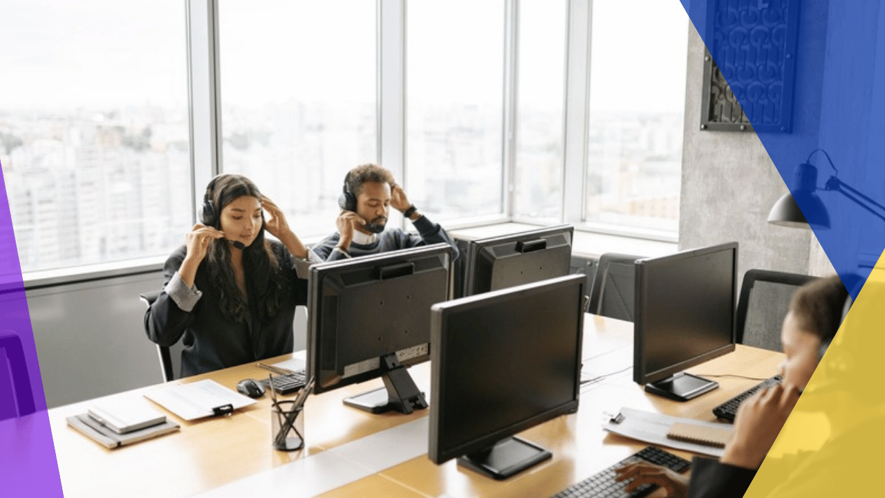clinical trial recruitment outsourcing - call center agents with headsets working at desks by a window
