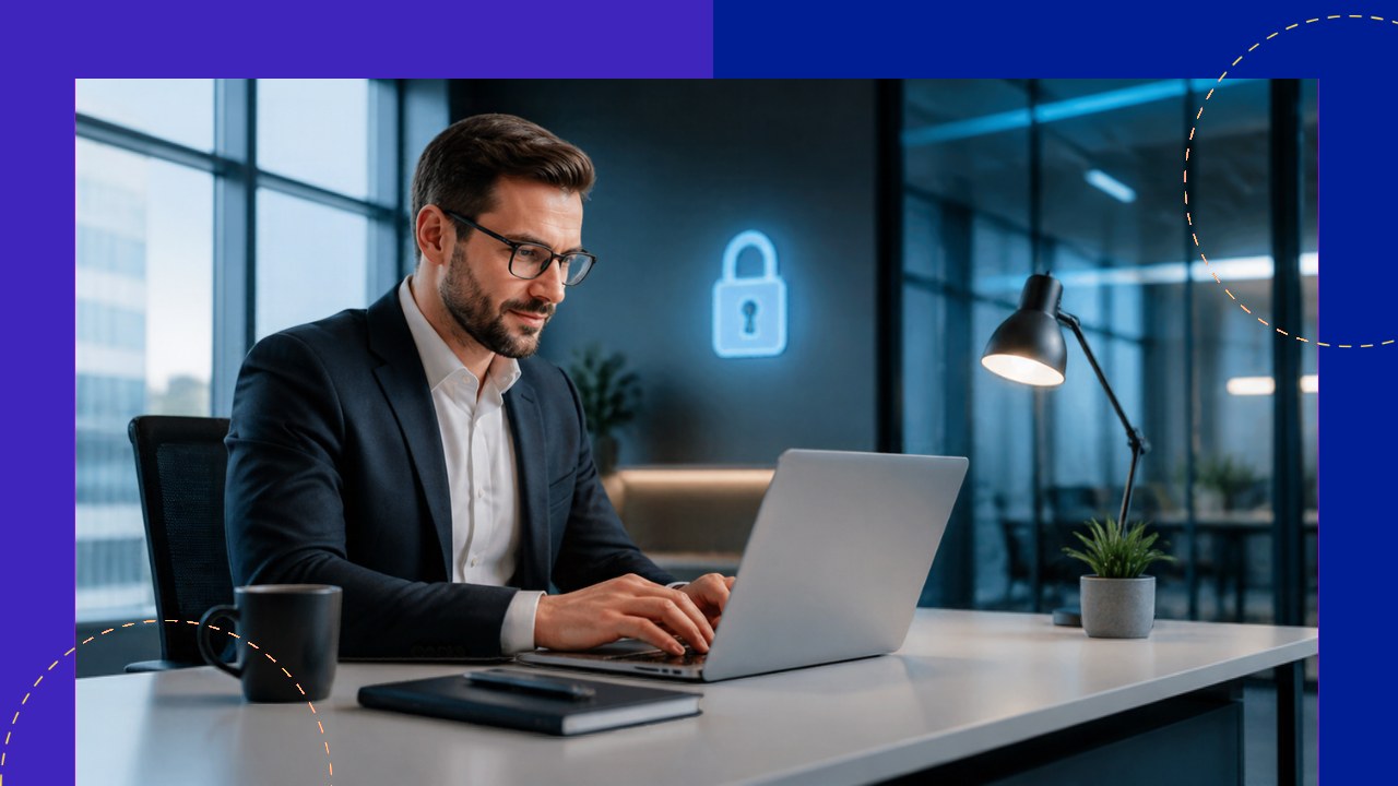 A padlock icon over a document and a world map