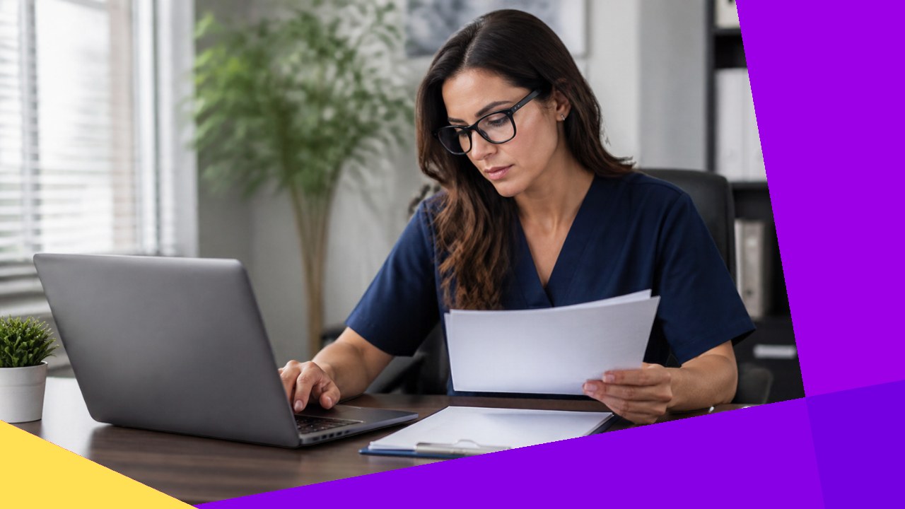 A medical billing specialist reviewing healthcare paperwork at a desk