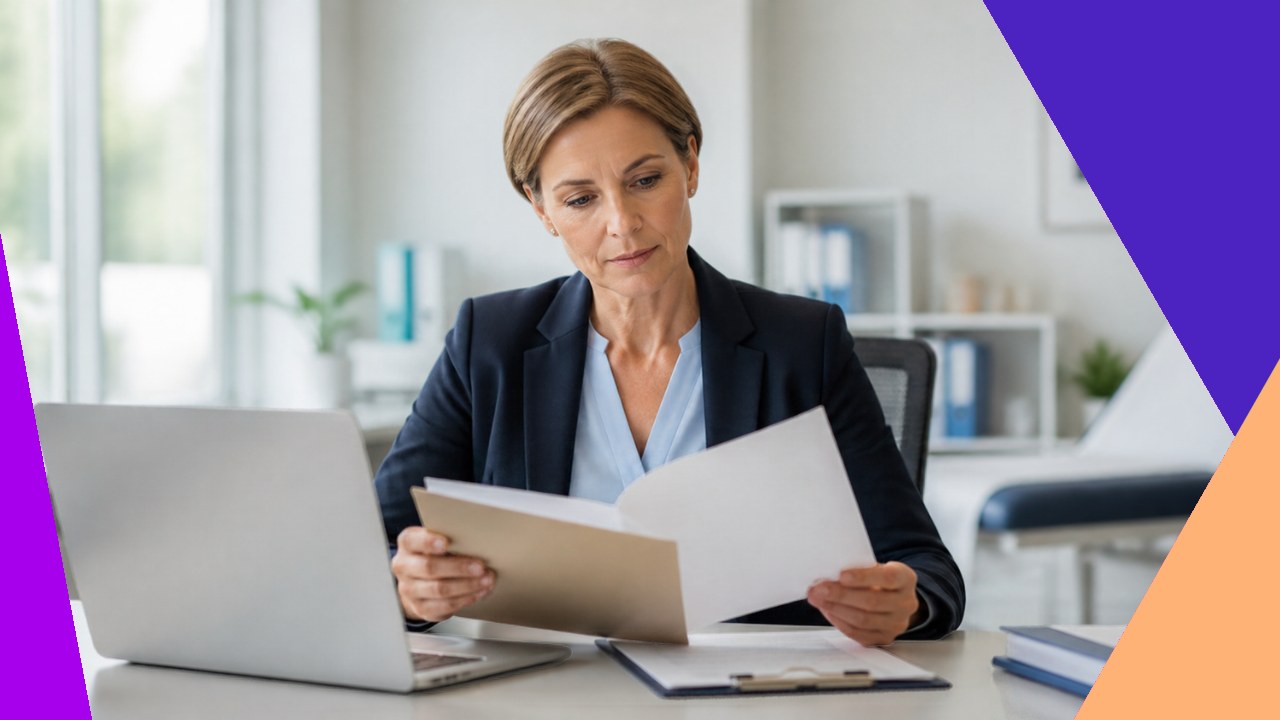 A healthcare administrator reviewing compliance documents in a clinic office