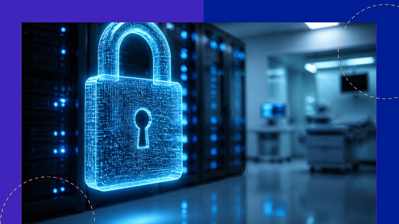 A padlock over a medical data concept with hospital servers