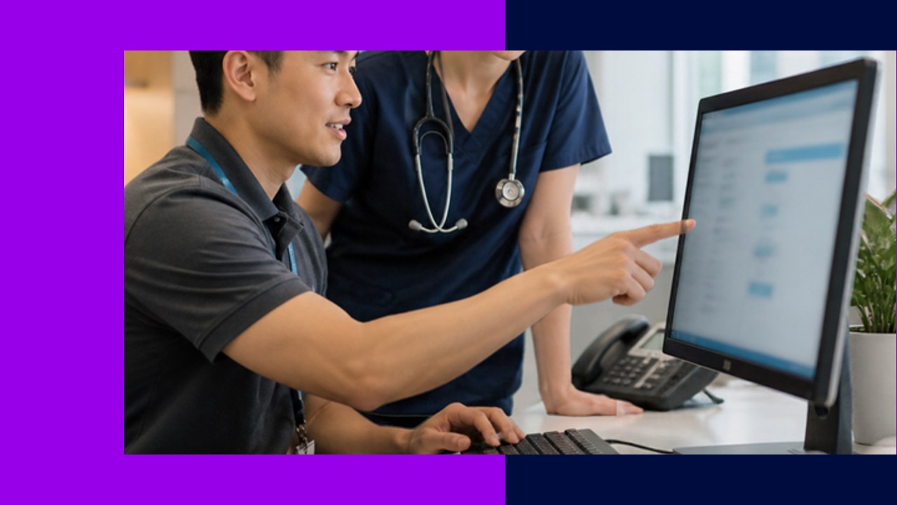 A support technician assisting with medical software on a computer