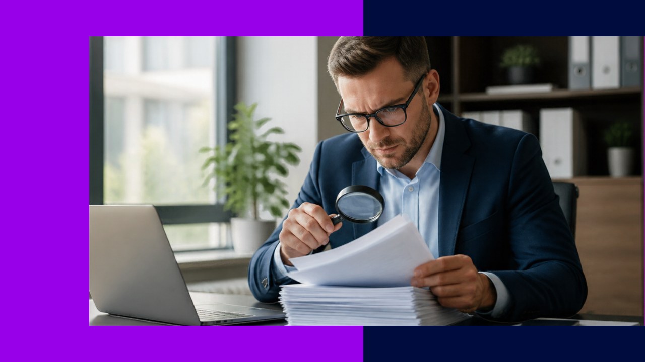 Regulatory report pages and a magnifying glass on a desk