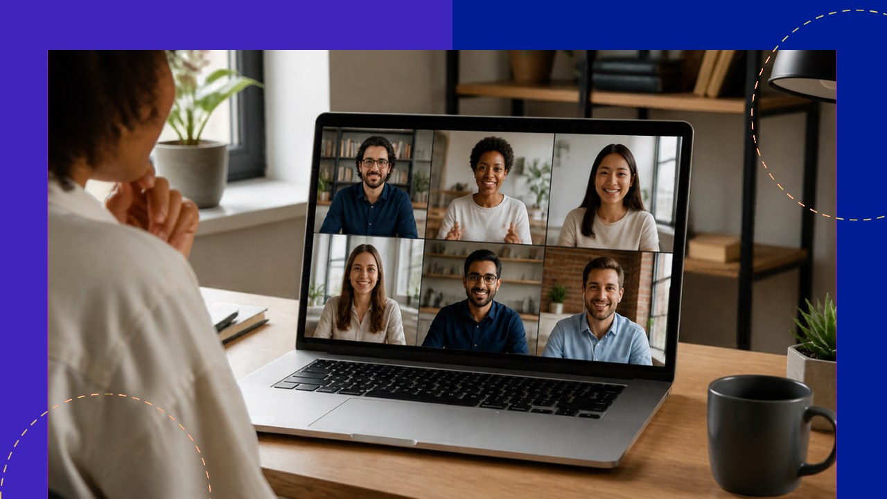 A diverse remote team connected on a video call working toward one goal
